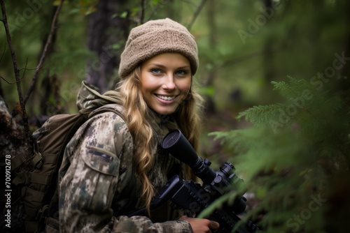 Portrait of a beautiful girl with a rifle in the forest.