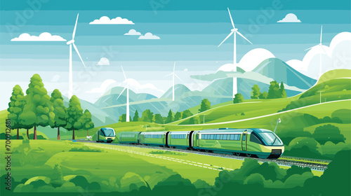 sustainable ethos of electric trains in a vector scene featuring trains powered by renewable energy sources. Illustrate the integration of clean energy technologies