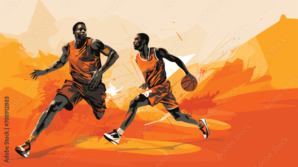 athleticism and dynamism of basketball with a vector scene featuring powerful dunks, skillful crossovers, and well-coordinated teamwork on the court. Illustrate the raw energy and physical