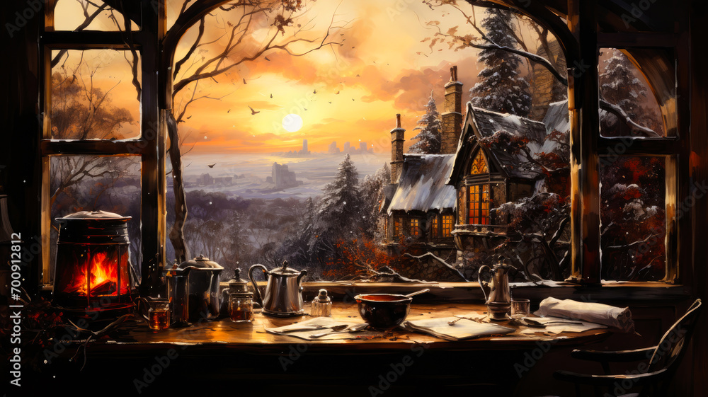 Snowy Sunset Cabin View Through Window - Cozy Winter Landscape Illustration, AI-Generated
