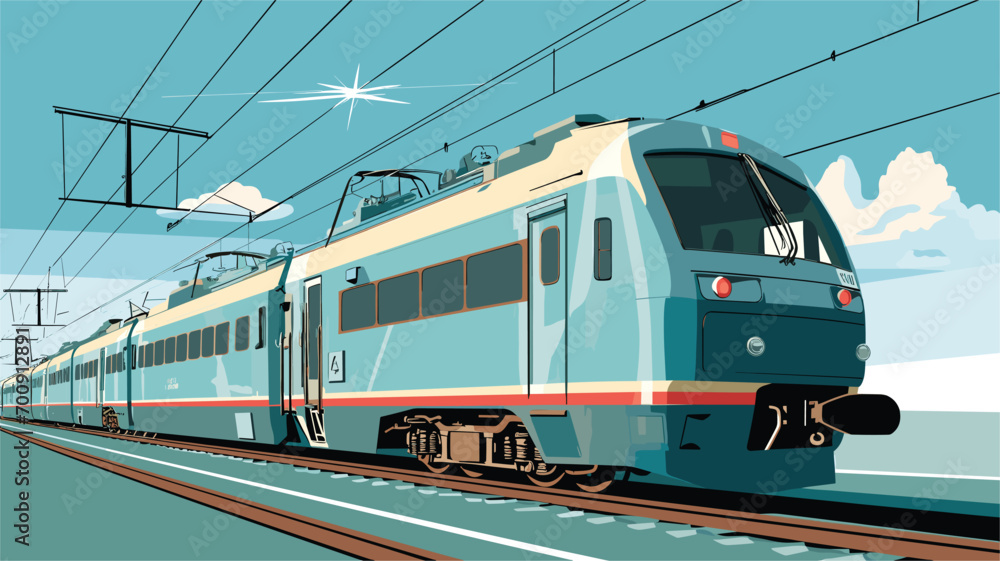 importance of electrification in rail infrastructure with a vector art piece showcasing the installation of overhead wires for electric train operations.