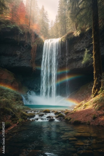 A beautiful waterfall with a rainbow in the forest with flowers.