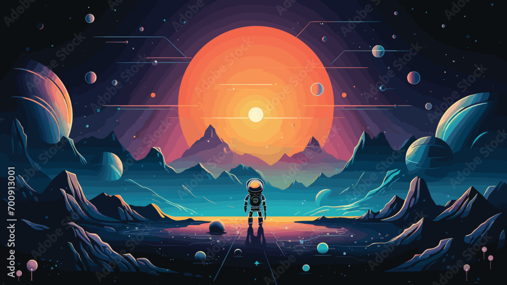 exploration of outer space with a vector scene featuring AI-driven robots on extraterrestrial missions. rovers and drones exploring alien landscapes, showcasing the technological - obrazy, fototapety, plakaty 
