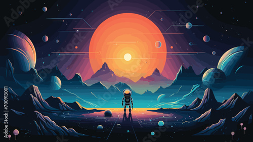 exploration of outer space with a vector scene featuring AI-driven robots on extraterrestrial missions. rovers and drones exploring alien landscapes, showcasing the technological photo