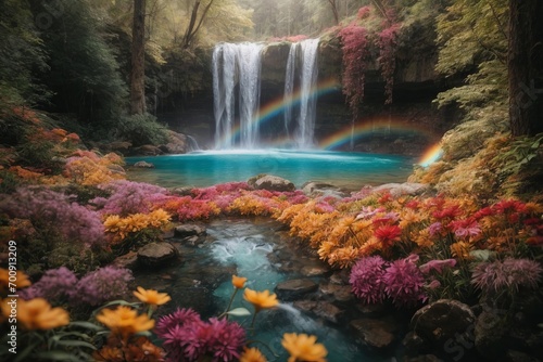A beautiful waterfall in the forest with flowers and trees. © liliyabatyrova