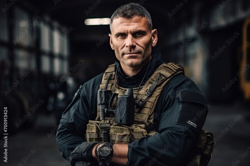 Portrait of a special forces soldier standing with arms crossed in an industrial environment Portrait of a special forces soldier standing with arms crossed in an industrial environment
