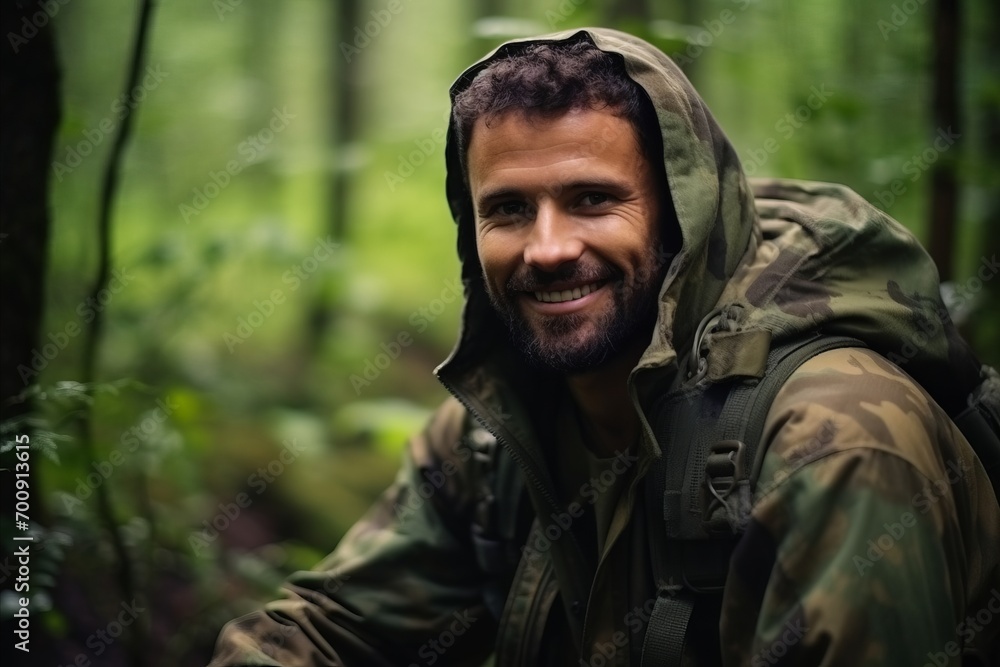 Handsome bearded man with backpack standing in forest and looking at camera