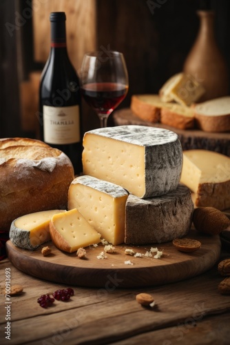 Close-up of wine and cheese served on a wooden board on the table. Gourmet food, agriculture, farms, own production, natural products concepts.