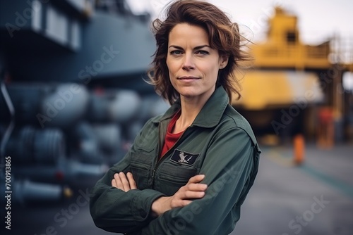Portrait of confident female worker standing with arms folded in shipyard