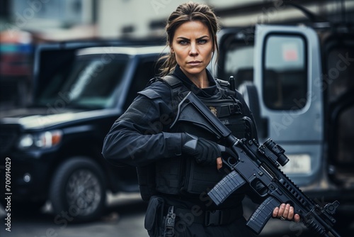 Portrait of beautiful young woman with assault rifle in urban environment.