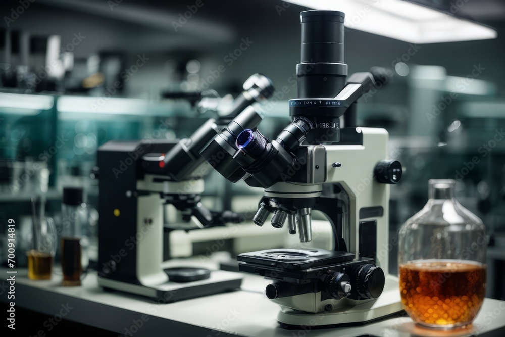 Close-up of a microscope on a table with a chemical tube and glassware in a modern medical laboratory. Scientific research, technology, science concepts. Close-up of a microscope on a table with a chemical tube and glassware in a modern medical laboratory. Scientific research, technology, science concepts.