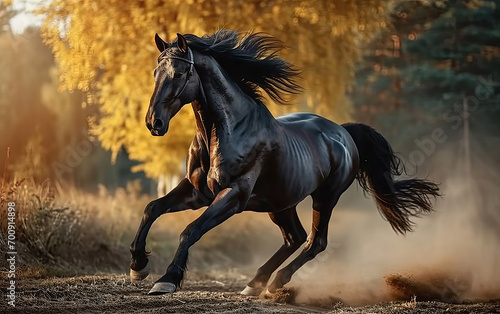 black horse running in the field
