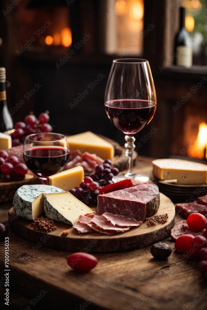 A close-up of a diverse assortment of cheeses, pieces of roast beef and meat, grapes and a glass of red wine on the table. Gourmet food, own production of agricultural products concept.