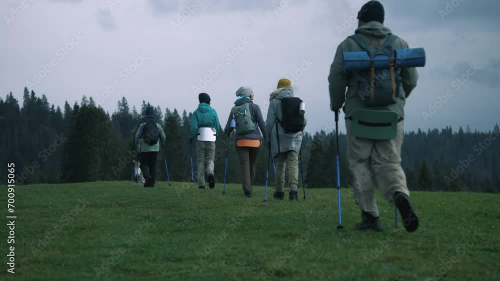 Group of tourists with backpacks and trekking poles walk along trail on beautiful mountain hill. Hikers discover amazing nature landscapes. Tourism and active leisure concept. Slow motion. Back view. Group of tourists with backpacks and trekking poles walk along trail on beautiful mountain hill. Hikers discover amazing nature landscapes. Tourism and active leisure concept. Slow motion. Back view.