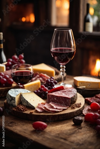 A close-up of a diverse assortment of cheeses, pieces of roast beef and meat, grapes and a glass of red wine on the table. Gourmet food, own production of agricultural products concept.