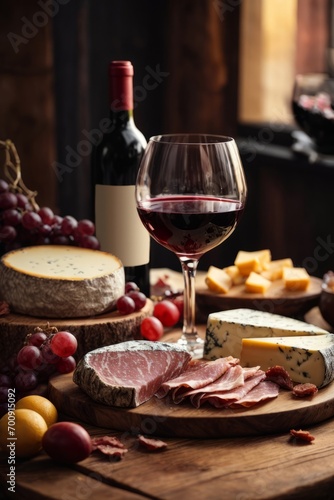Close-up of a buffet of various cheeses, pieces of roast beef and meat, grapes and red wine on the table. Festive table, own production, natural products concepts.