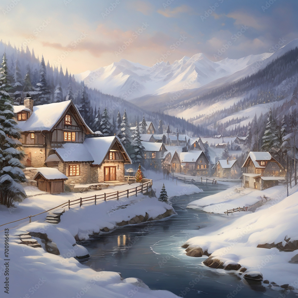 A quiet village in a low-poly winter paradise ai generated picture