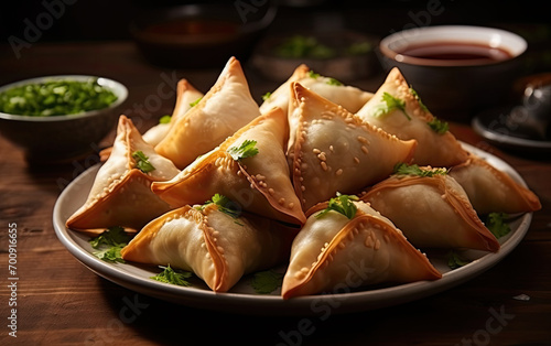  samosas on a plate, a crispy and spicy Indian triangle shape snack photo