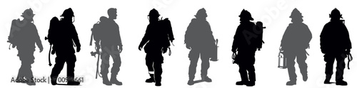 Set of firefighter with equipment silhouette vector on white background