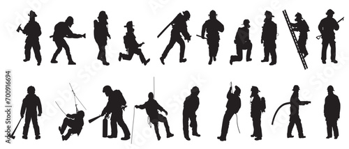 vector set of firefighter silhouettes, people holding fire extinguishers, human rescuers. standing and stylish isolated with background