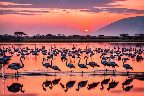 African flamingos in the lake over beautiful sunset, flock of exotic birds at natural habitat, Africa landscape, Kenya nature, Lake Nakuru national park reserve-