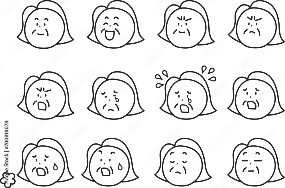 喜怒哀楽をした、おばさんのいろんな表情のセット 喜怒哀楽をした、おばさんのいろんな表情のセット