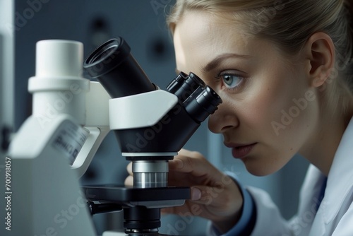 Biologist in uniform working using microscope. Scientific medical laboratory, biotechnology, biology, student practice concepts.