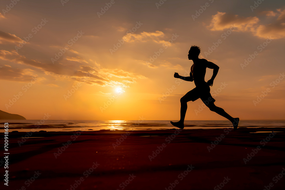 black Silhouette of one running man at sunset, sunrise beach. one african american sporty guy jogging along sandy coastline near water in sea. evening gymnastic.  Generative ai