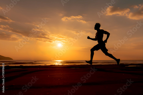 black Silhouette of one running man at sunset, sunrise beach. one african american sporty guy jogging along sandy coastline near water in sea. evening gymnastic.  Generative ai