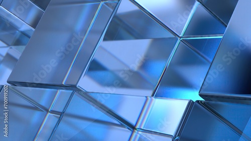 Blue Glass Cube Refraction and Reflection Structure Shape Elegant Modern 3D Rendering Abstract Background