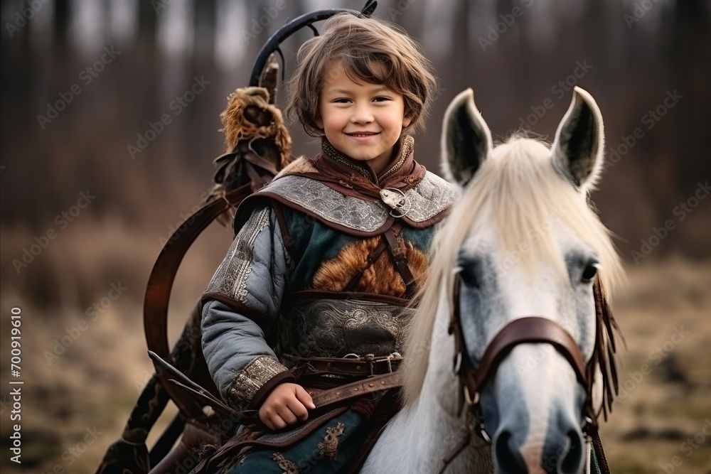 Portrait of a boy in a medieval costume with a white horse