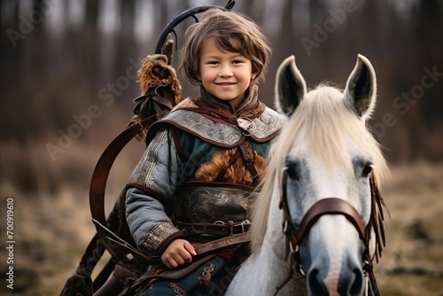 Portrait of a boy in a medieval costume with a white horse