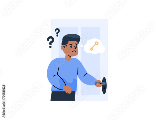 an illustration of a man who forgot to bring his house keys. couldn't open the door because he didn't have a key. the door is locked. forgot where to put the key. cartoon illustration design. graphic 