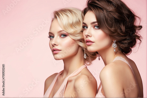 Fashion Models Beauty Portrait, Two Beautiful Women Makeup Hairstyle, Girls Couple Studio Portrait over pink background