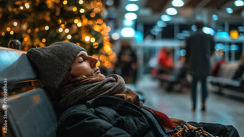 Traveler napping at a festive terminal. Traveler napping at a festive terminal.