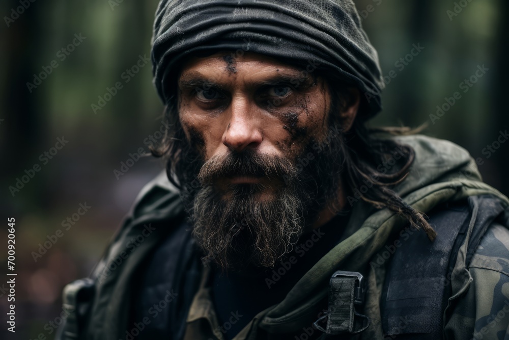 Close-up portrait of a bearded man in a military uniform with a hood. Close-up portrait of a bearded man in a military uniform with a hood.