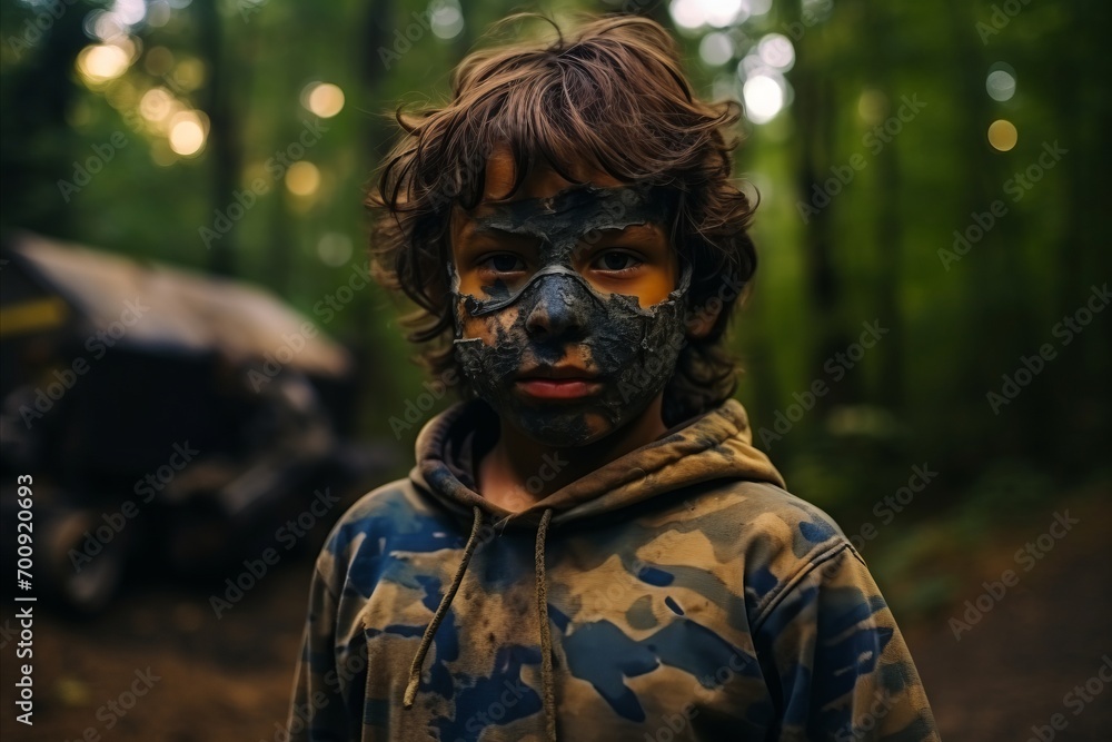 Portrait of a boy with a face mask in the forest. Portrait of a boy with a face mask in the forest.