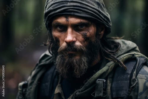 Close-up portrait of a bearded man in a military uniform with a hood. © Nerea