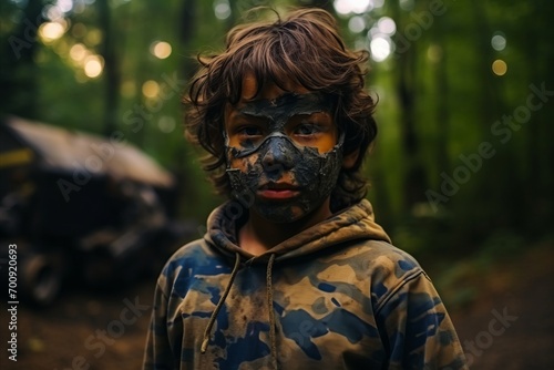 Portrait of a boy with a face mask in the forest.