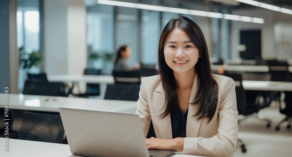 diligent young woman works seamlessly in her office, dedicated to her tasks and engaged with her laptop. Generative AI. diligent young woman works seamlessly in her office, dedicated to her tasks and engaged with her laptop. Generative AI.