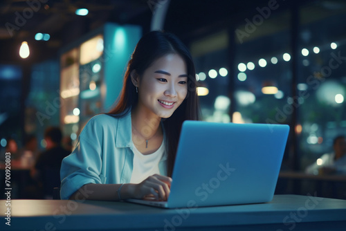 diligent young woman works seamlessly in her office  dedicated to her tasks and engaged with her laptop. Generative AI.