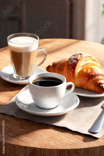 Perfect breacfast in the morning. Rustic style. A cup of coffee and tasty croissants on a on brown wooden background. Copy space.