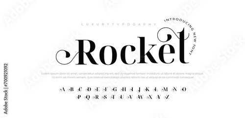 Rocket premium luxury elegant alphabet letters and numbers. Elegant wedding typography classic serif font decorative vintage retro. Creative vector illustration photo