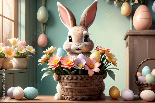 Easter rabbit holding busket with spring flowers and easter eggs. © elena_hramowa