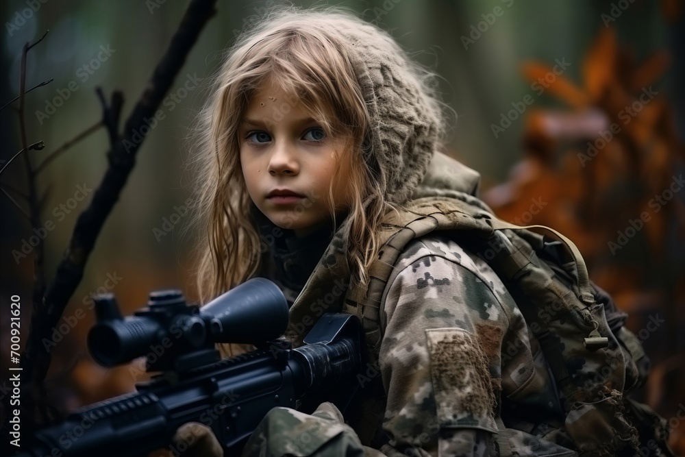 Soldier girl with assault rifle in the forest. Selective focus. Soldier girl with assault rifle in the forest. Selective focus.