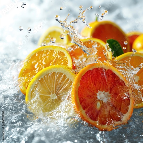 Citrus fruits splashing in water  vibrant composition