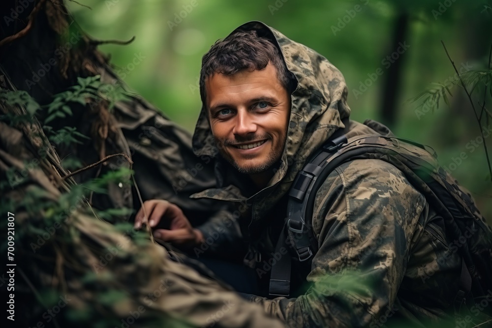 Portrait of a young man with backpack sitting in the forest.