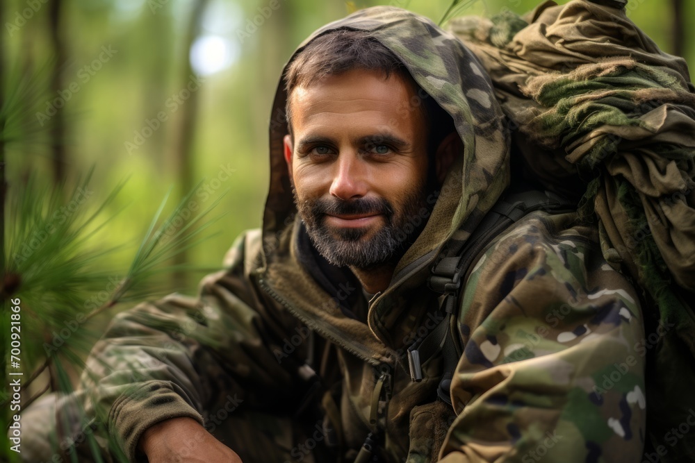 Portrait of a bearded man in a camouflage jacket in the forest