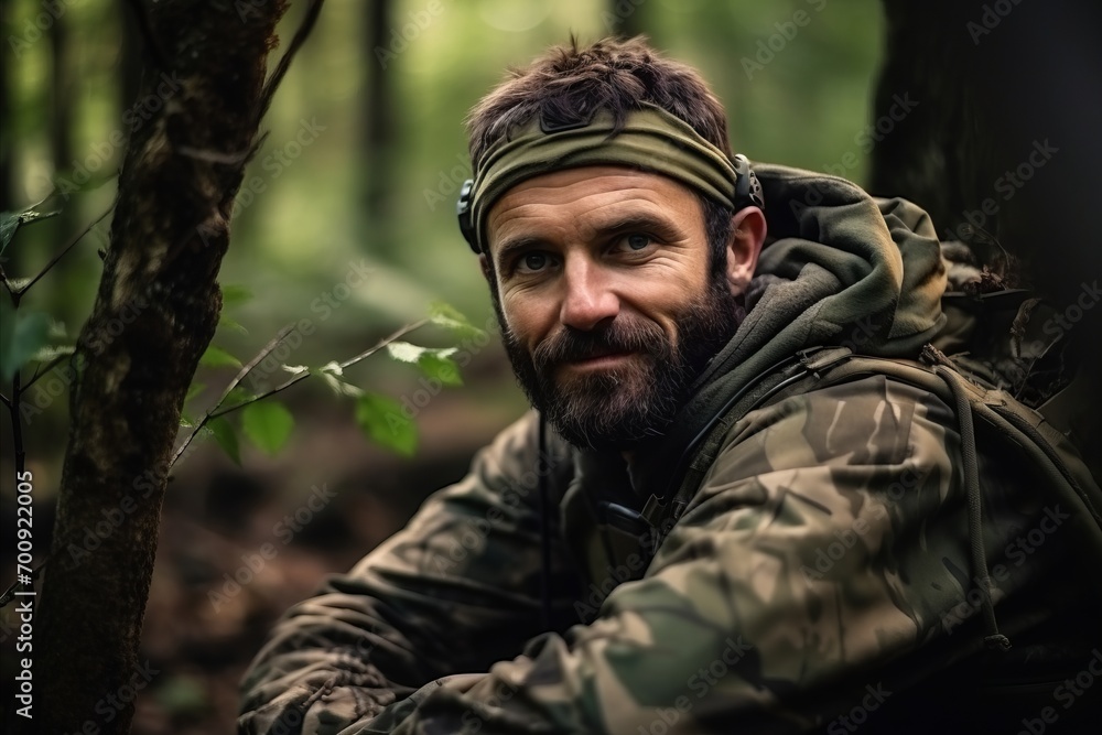 Portrait of a bearded man in a military jacket in the forest