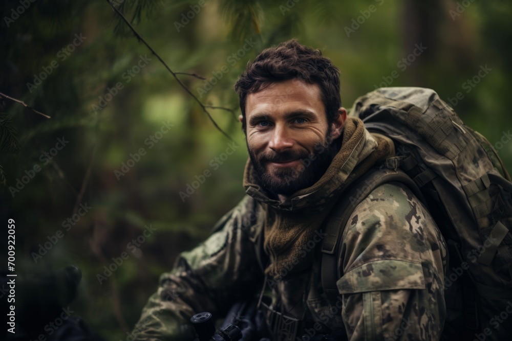 Portrait of a man with a beard and a camouflage jacket in the forest